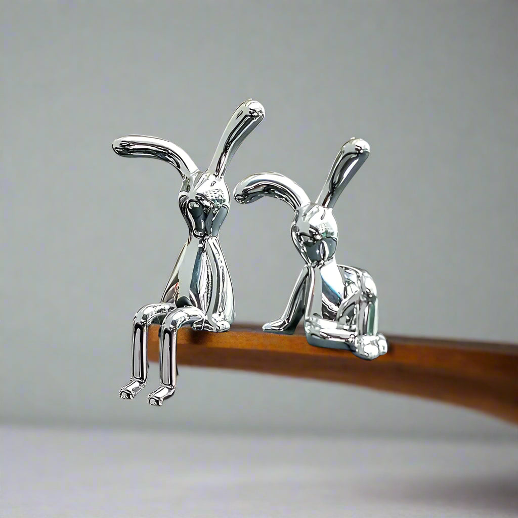 Chrome Bunny Figurines, Set of 2