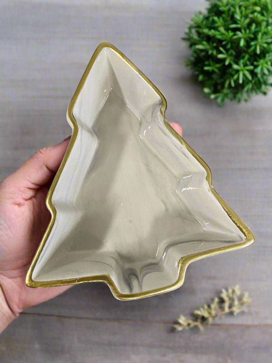 Gold-Rimmed Christmas Tree Dish