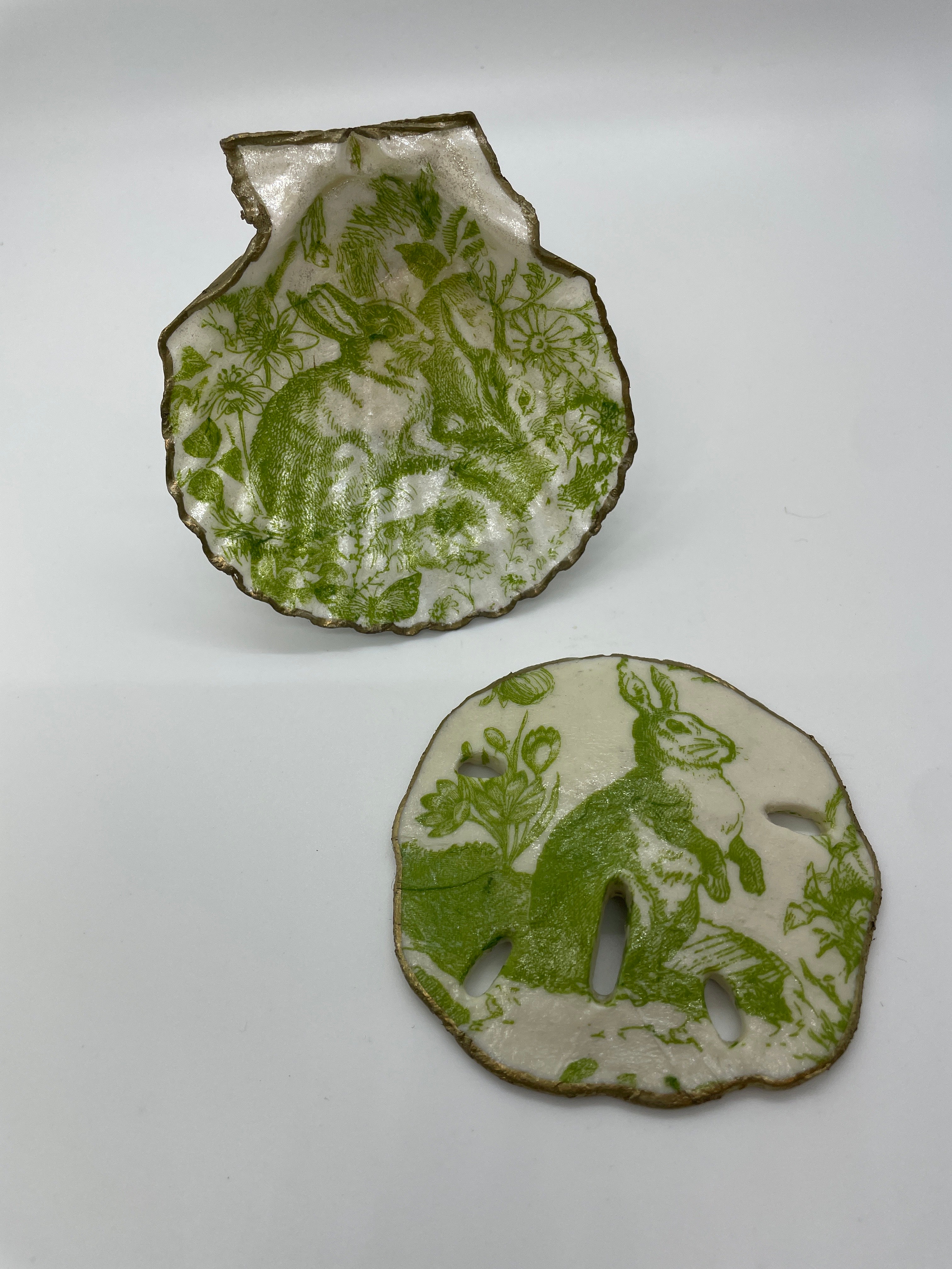 Decoupaged Scallop Shell Ring Dish and Sand Dollar Set