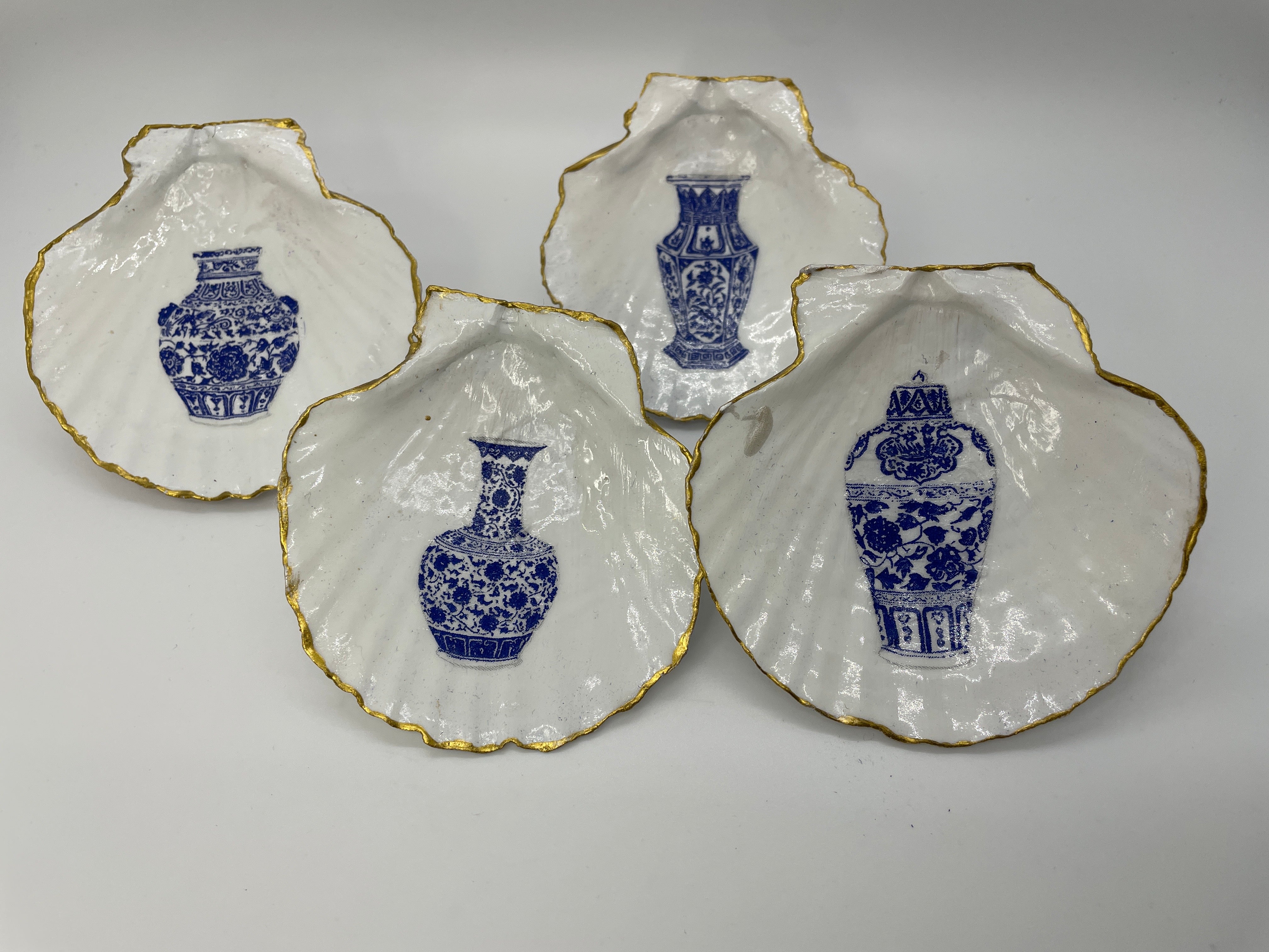 Decoupage Scallop Shells Jewelry/Trinket Dishes- Set of 4