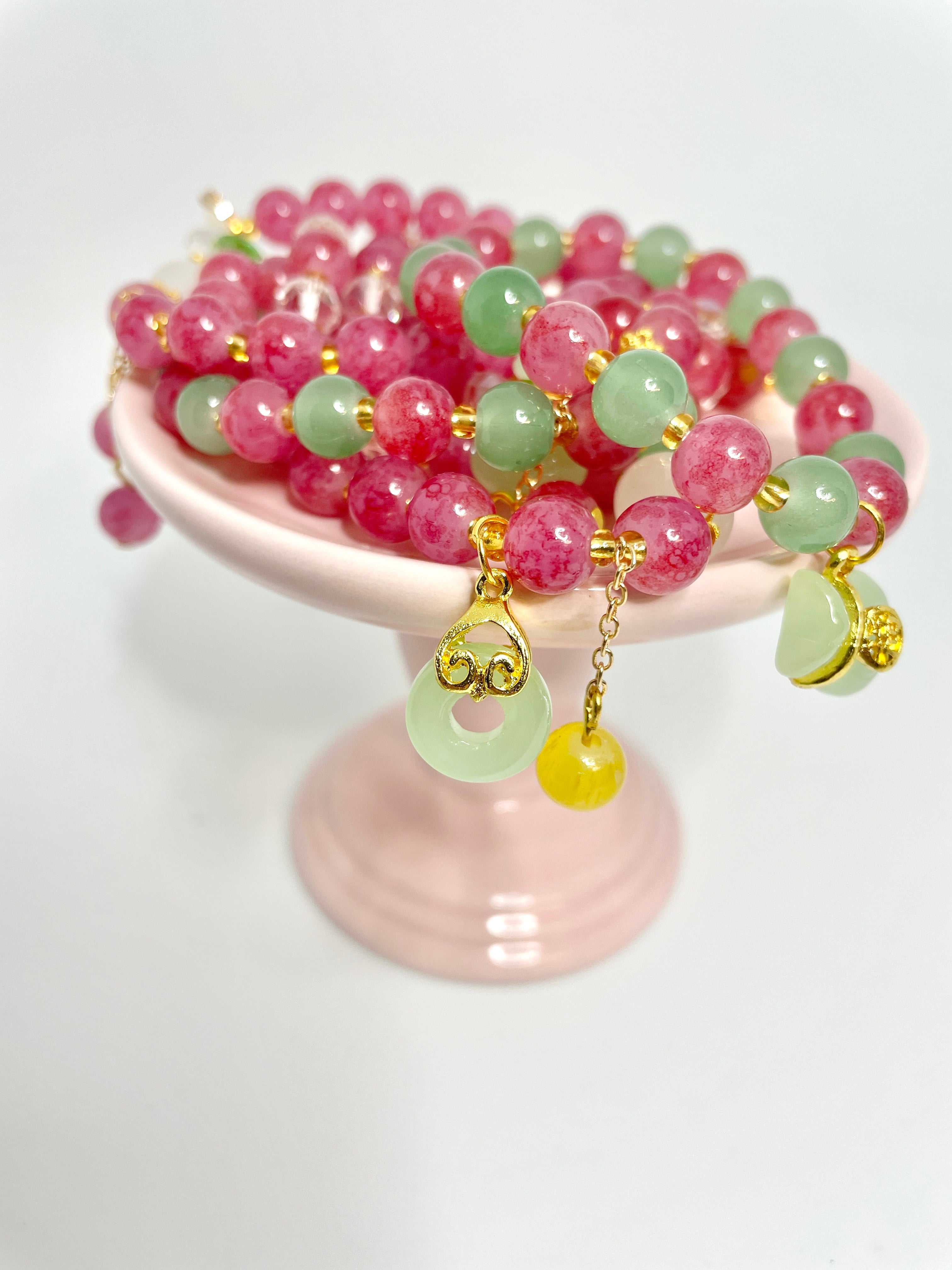 Strawberry Crystal and Jade Bracelets