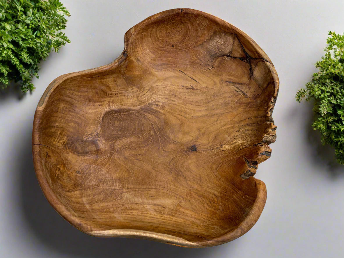 Large Live Edge Teak Hand-Carved Bowl