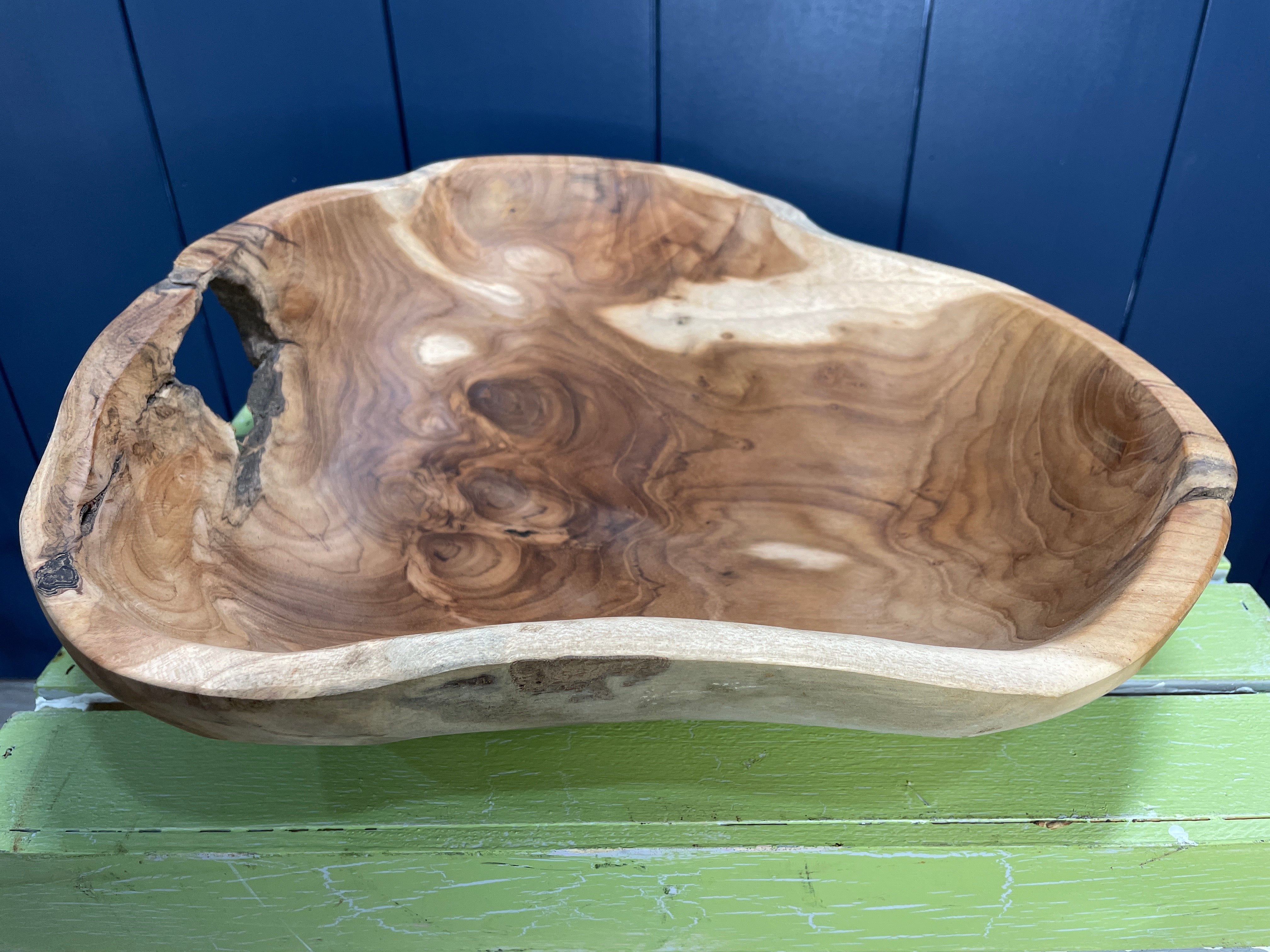 Large Live Edge Teak Hand-Carved Bowl