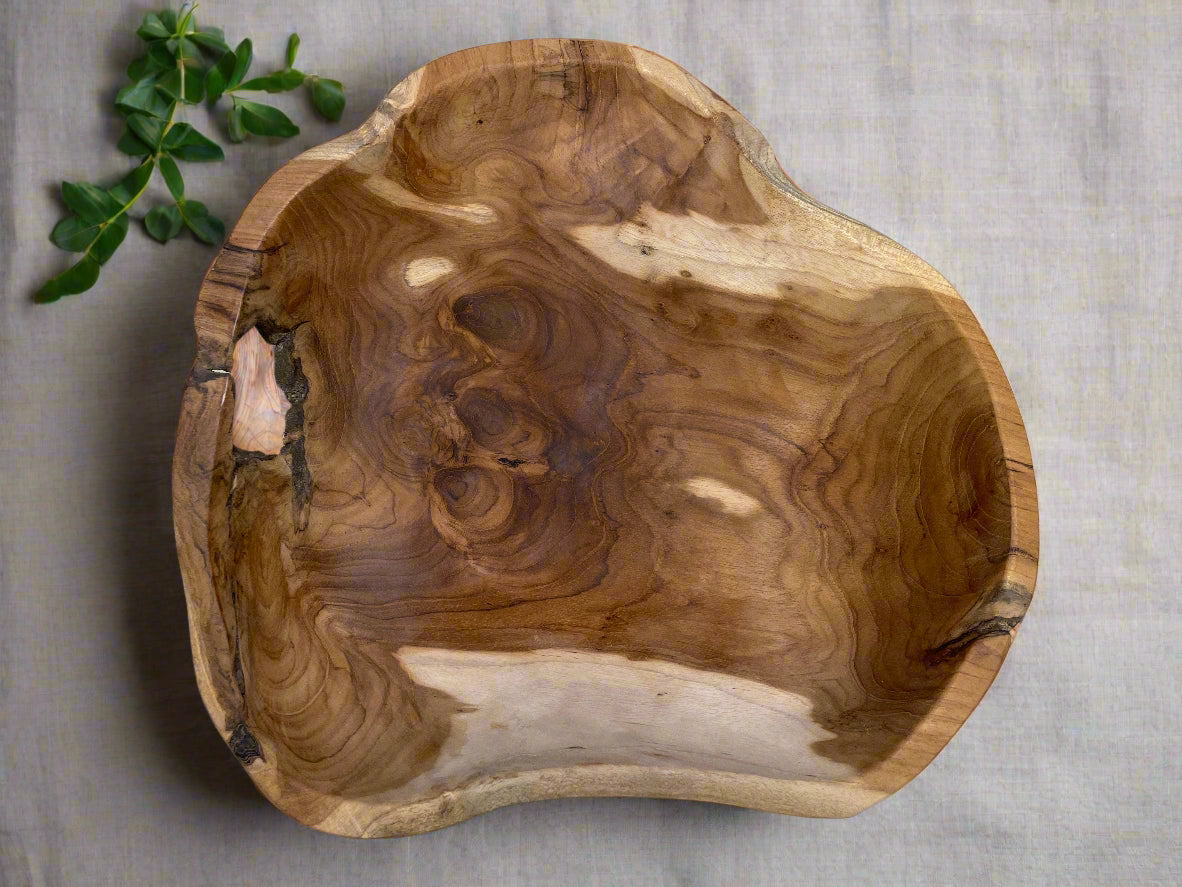 Large Live Edge Teak Hand-Carved Bowl