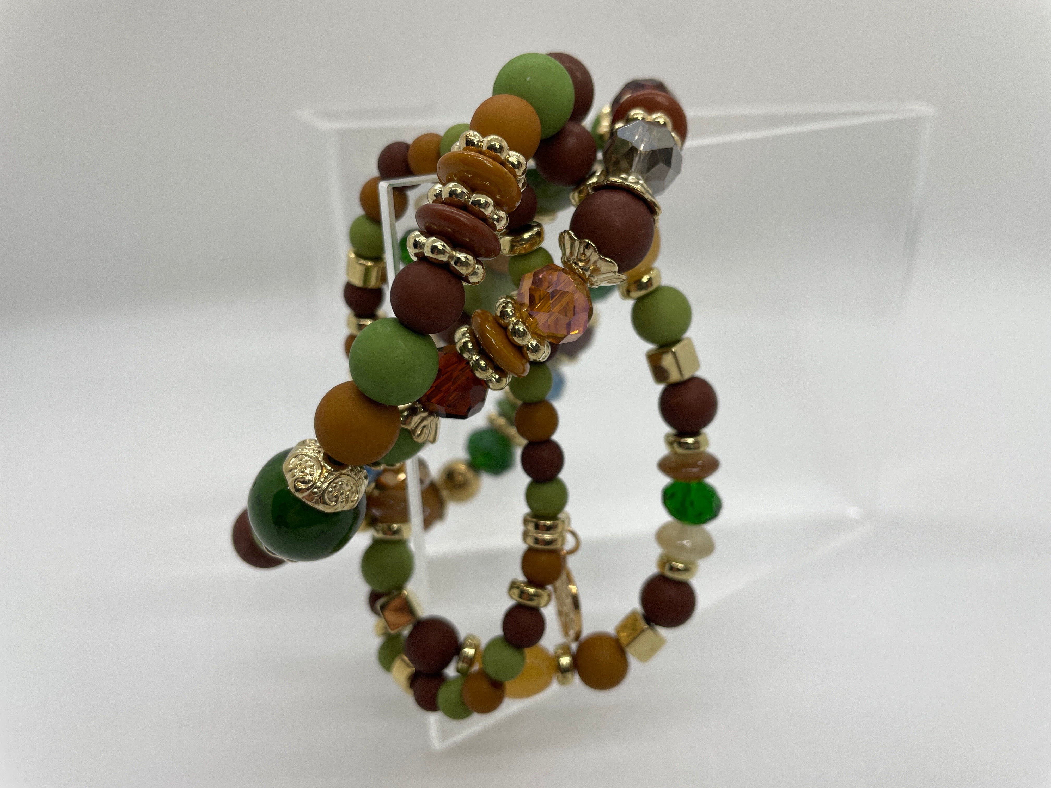 Green/Neutrals Mixed-Bead Bracelet Set of 4