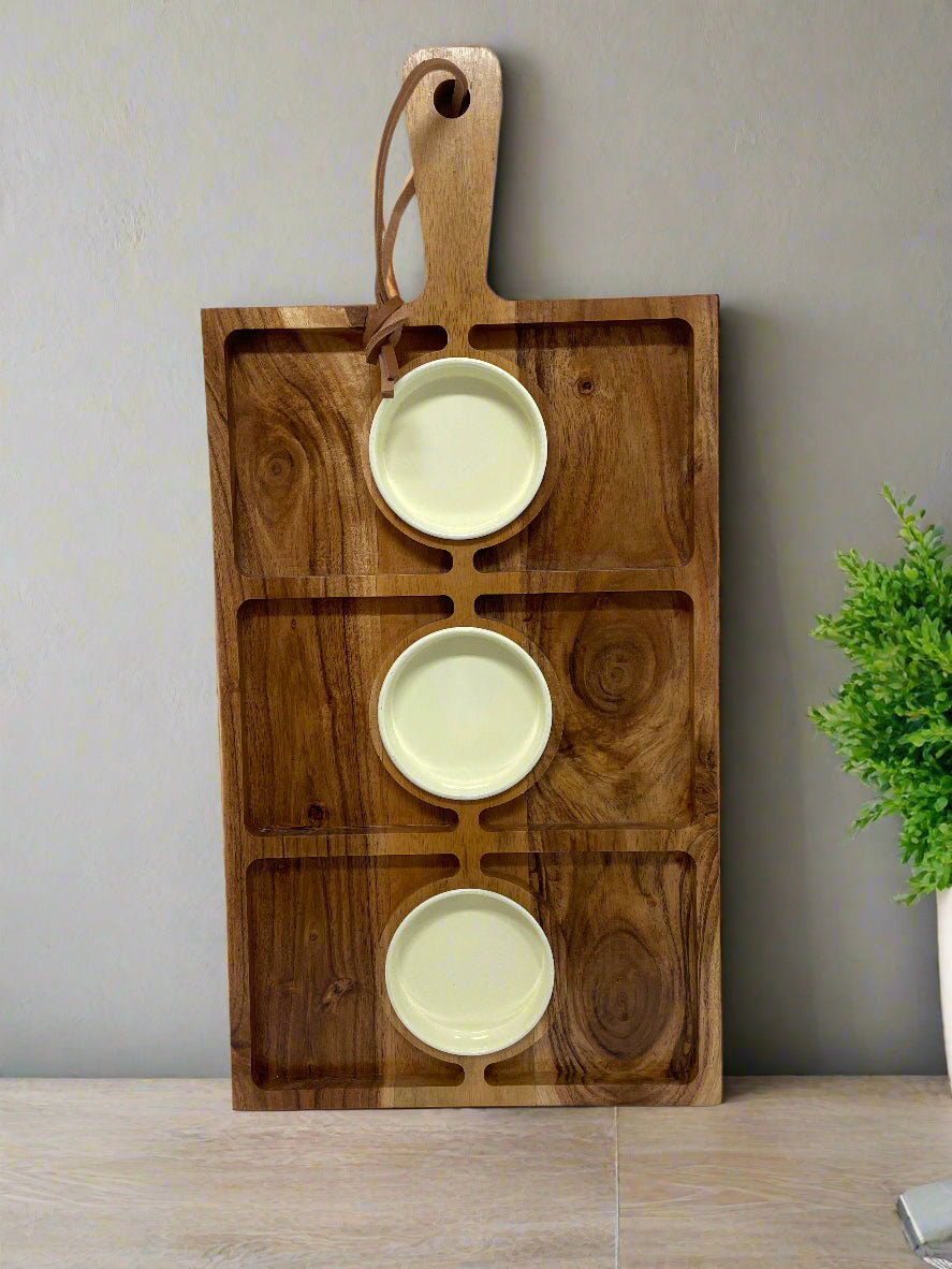 Divided Wood Serving Board with Bowls