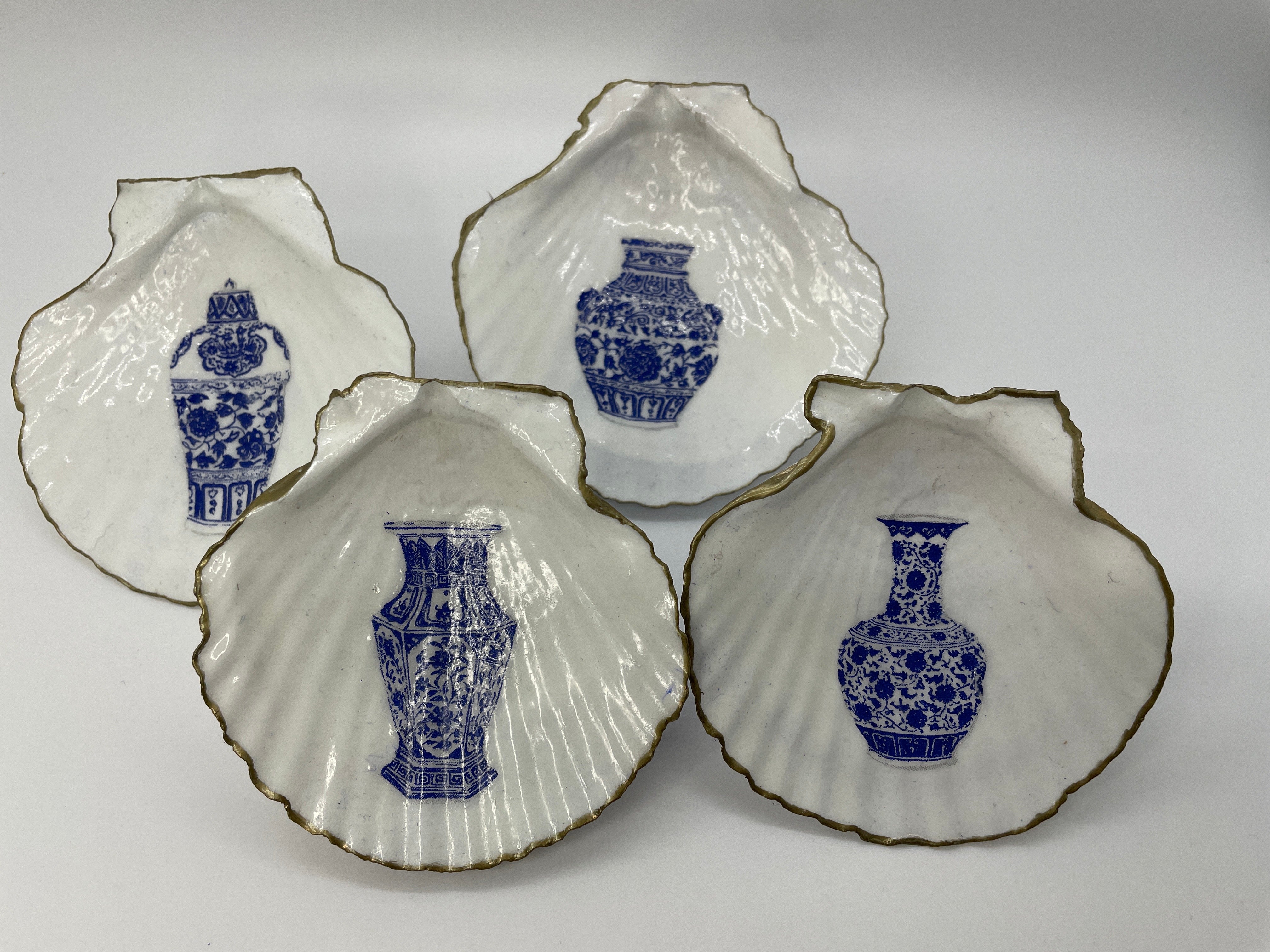 Decoupage Scallop Shells Jewelry/Trinket Dishes- Set of 4