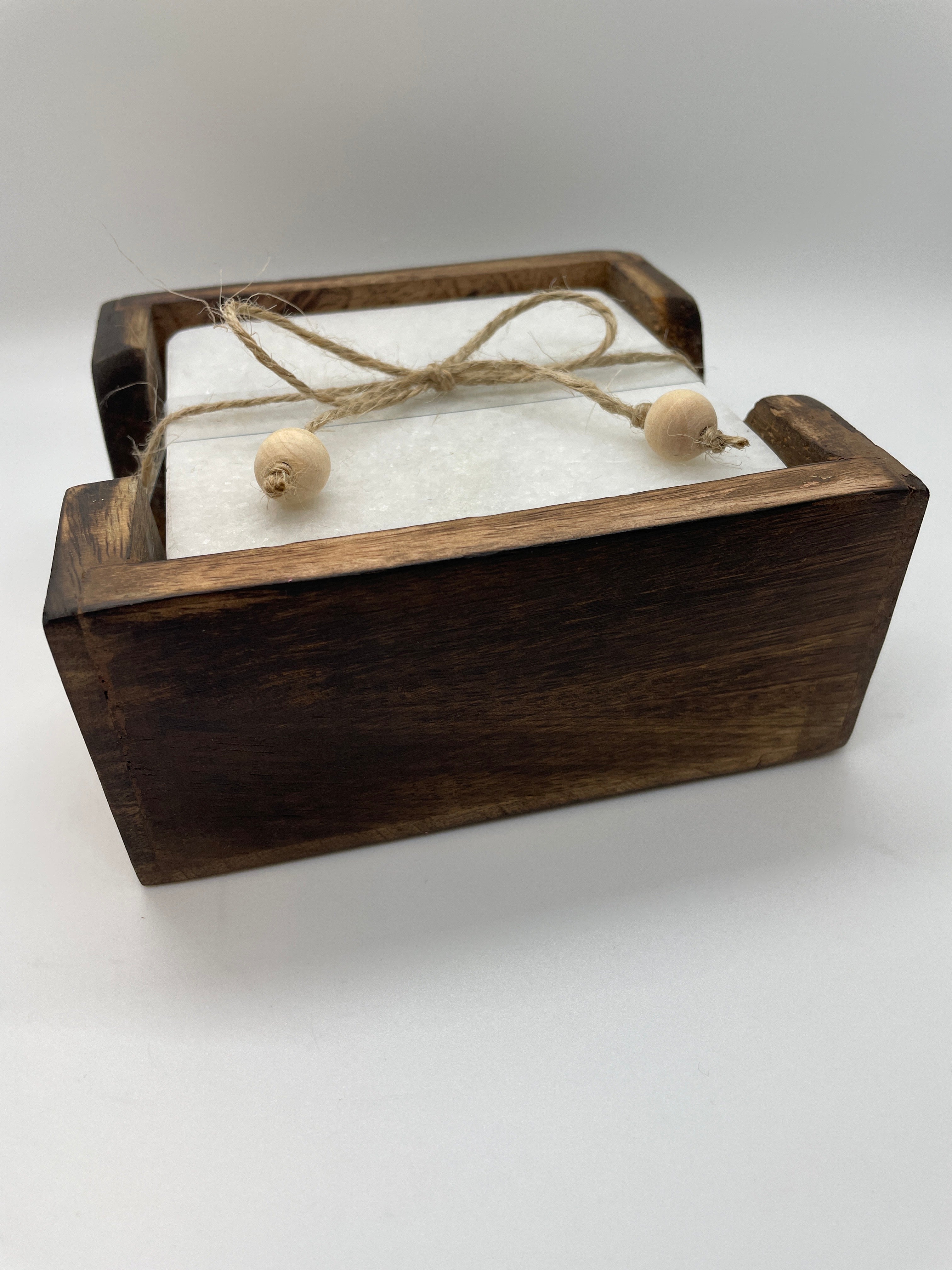 Set of 4 Marble Coasters with Mango Wood Holder