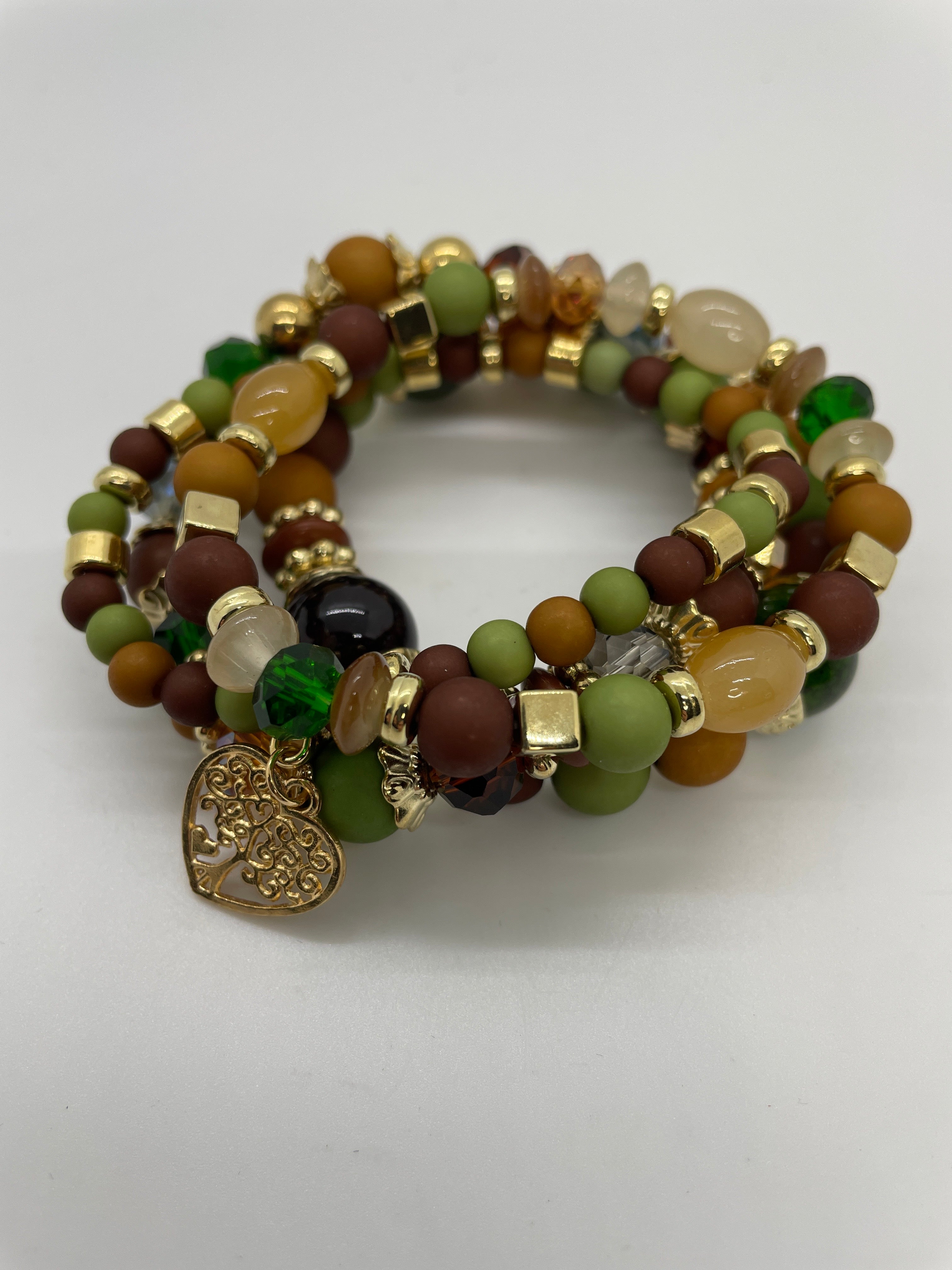 Green/Neutrals Mixed-Bead Bracelet Set of 4