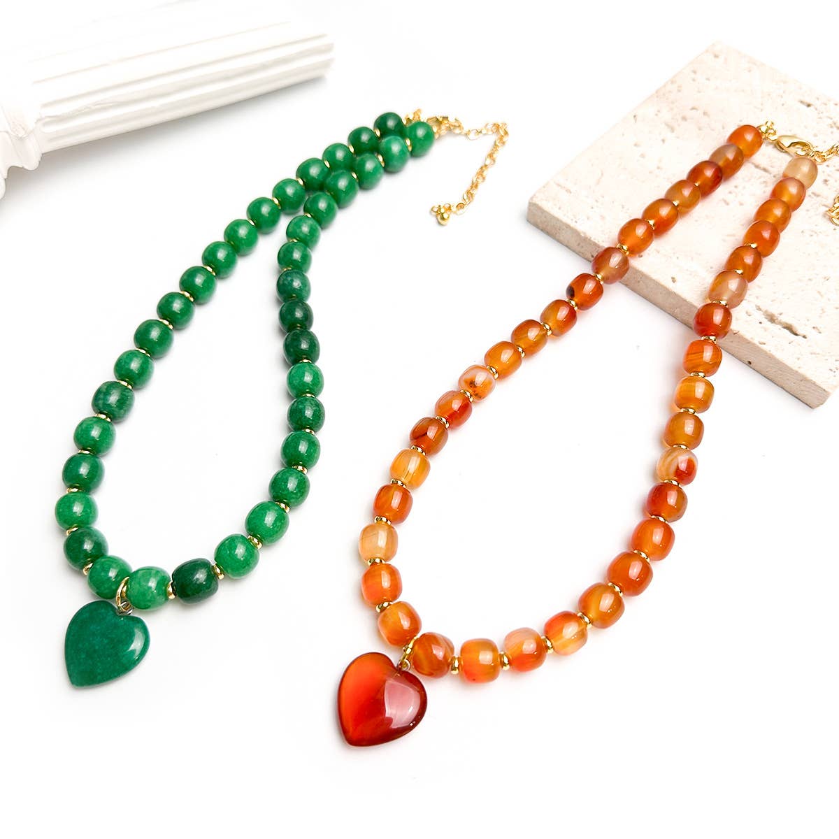 Natural Stone Heart Pendant Necklace Maillard Style Jewelry