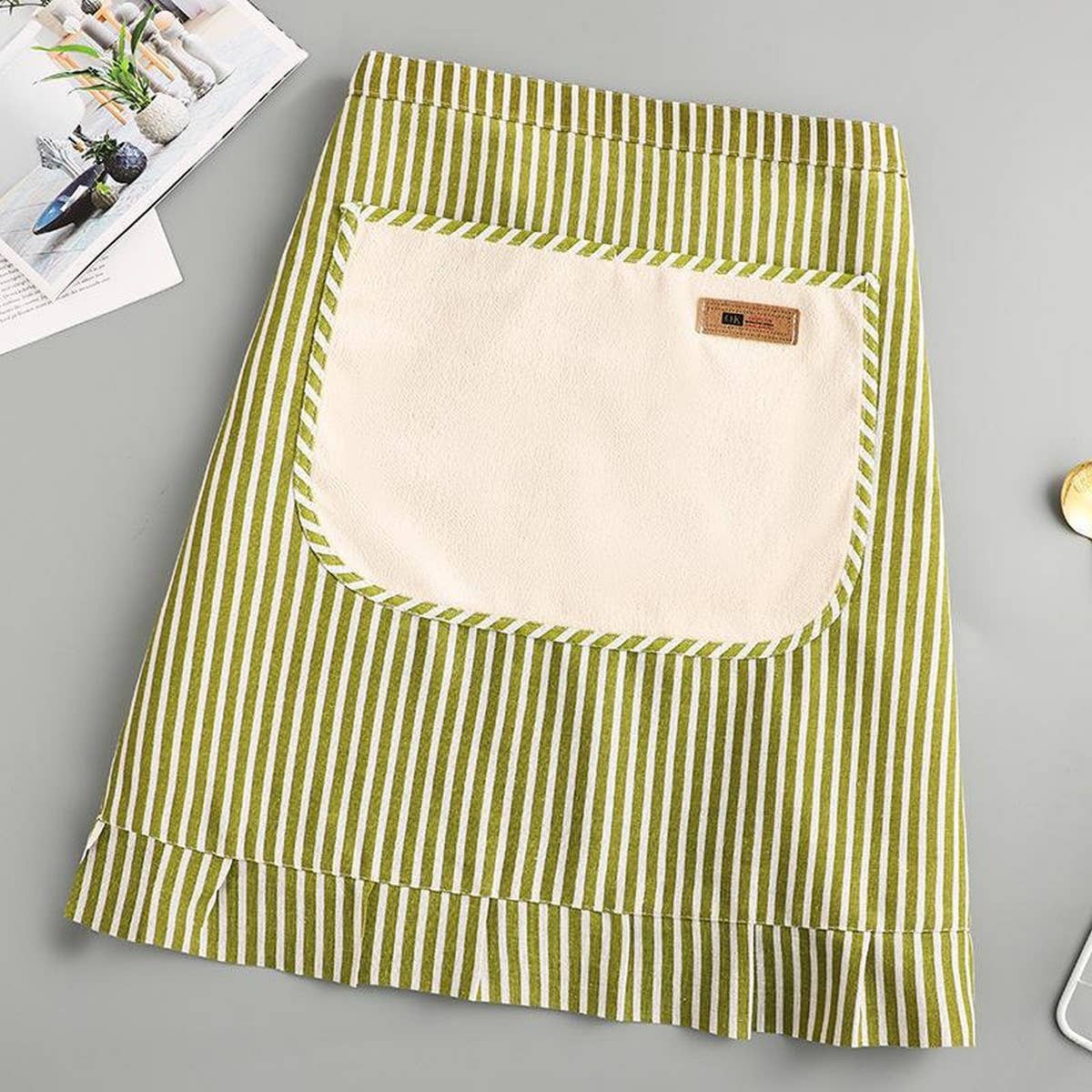 Stripe Half-length linen cooking Apron with pockets_CWMM2033