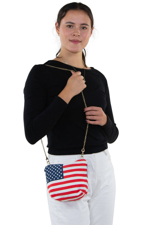 American Flag Crossbody Bag in Canvas with Chain Strap in Canvas Material