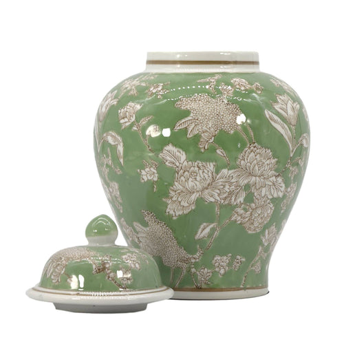 Green & White  Floral Peony Chinoiserie Jar 12"