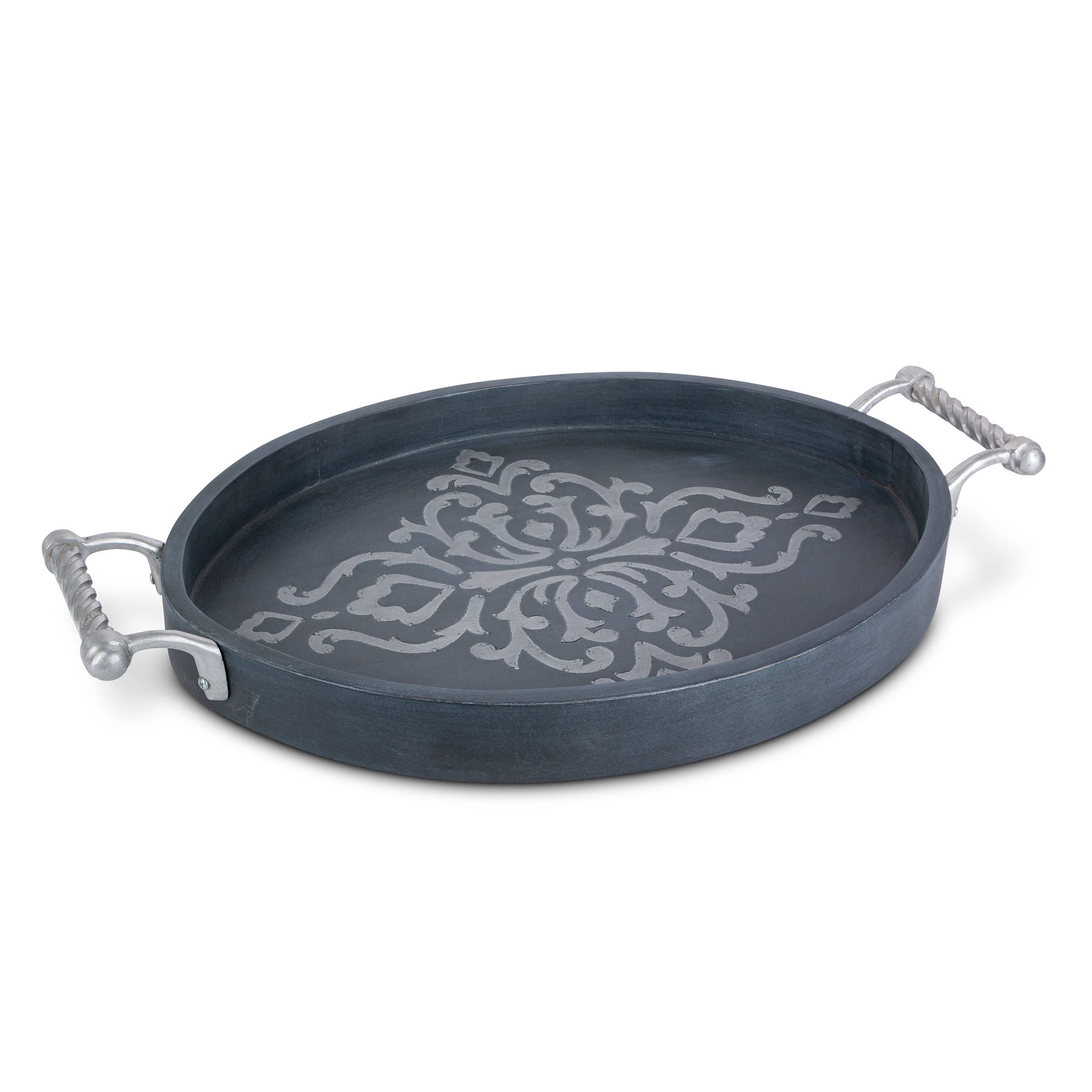 Last Call BW wd/inly Oval Tray w/handles