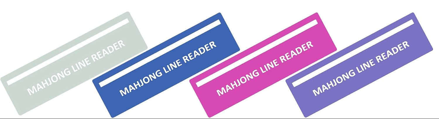 A set of white rectangular card sleeves or book divider pages arranged in a grid, with four angled sample labels at the bottom reading "MAHJONG LINE READER" in light green, blue, pink, and purple.