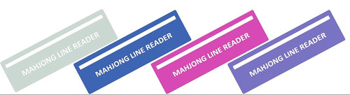 A set of white rectangular card sleeves or book divider pages arranged in a grid, with four angled sample labels at the bottom reading "MAHJONG LINE READER" in light green, blue, pink, and purple.