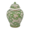Green & White  Floral Peony Chinoiserie Jar 12"