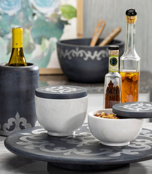 Black Washed Wood/Metal Inlay Tall Bowl