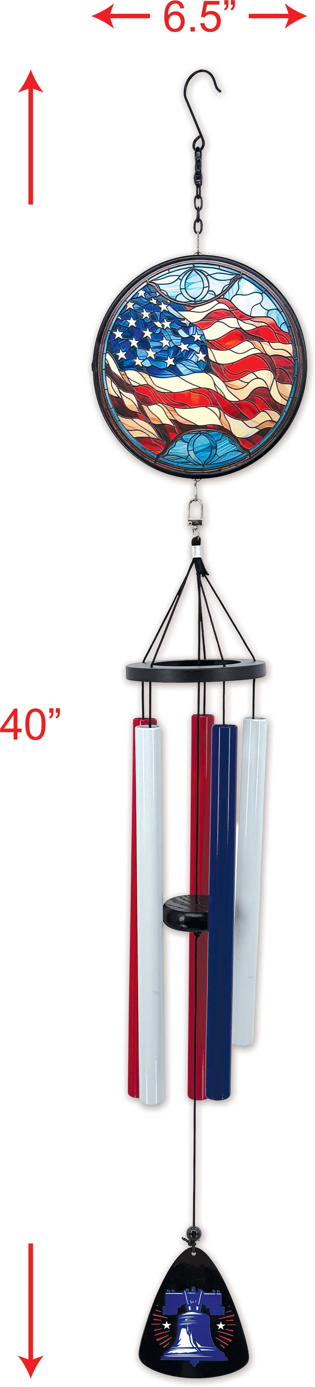 USA Flag Stain Glass with Liberty Bell Wind Chime 40in.