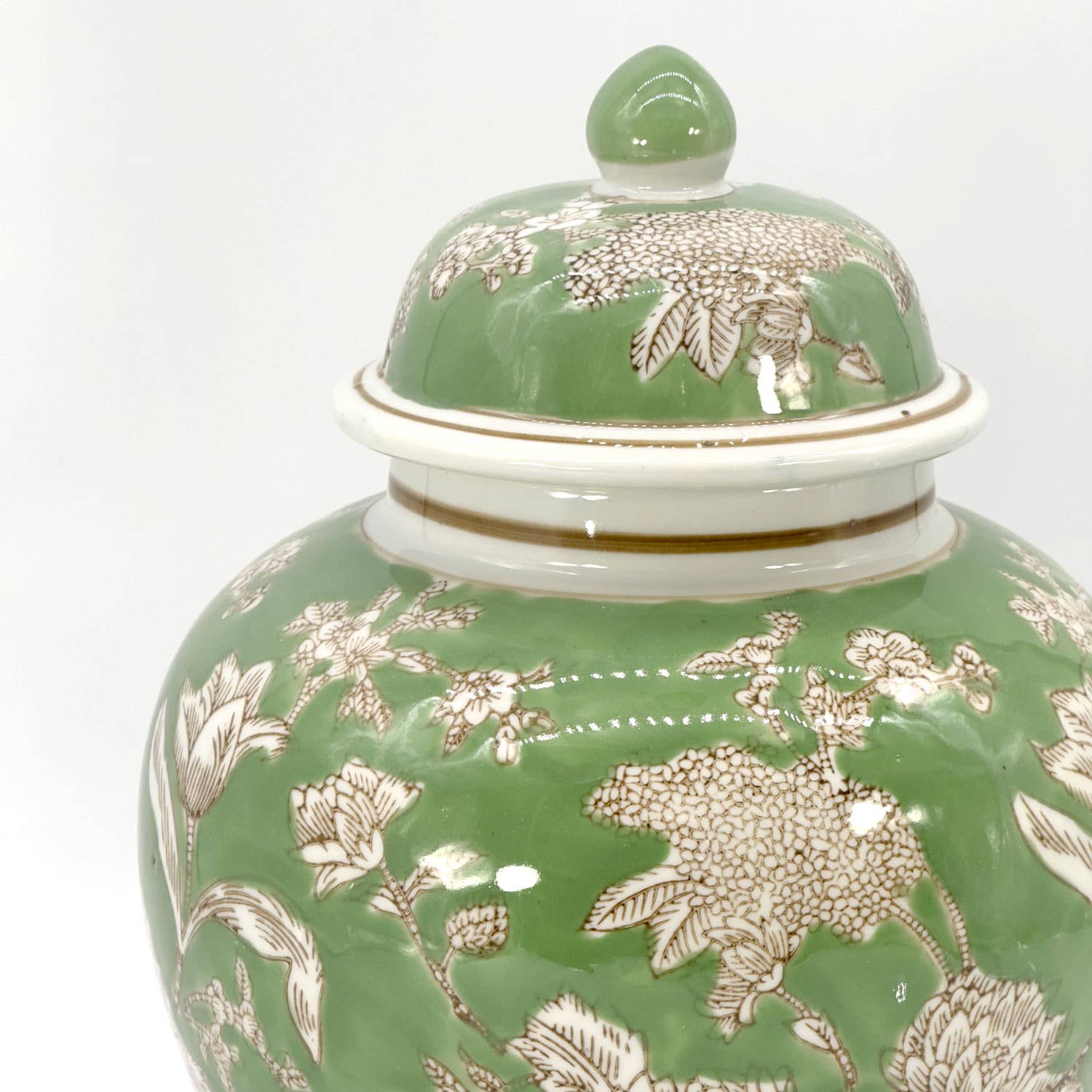 Green & White  Floral Peony Chinoiserie Jar 12"