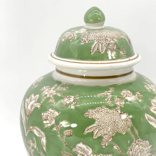 Green & White  Floral Peony Chinoiserie Jar 12"