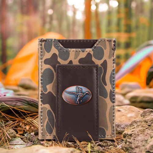 Mallard Men's Magnetic Front Pocket Old School Camo Leather Wallet.