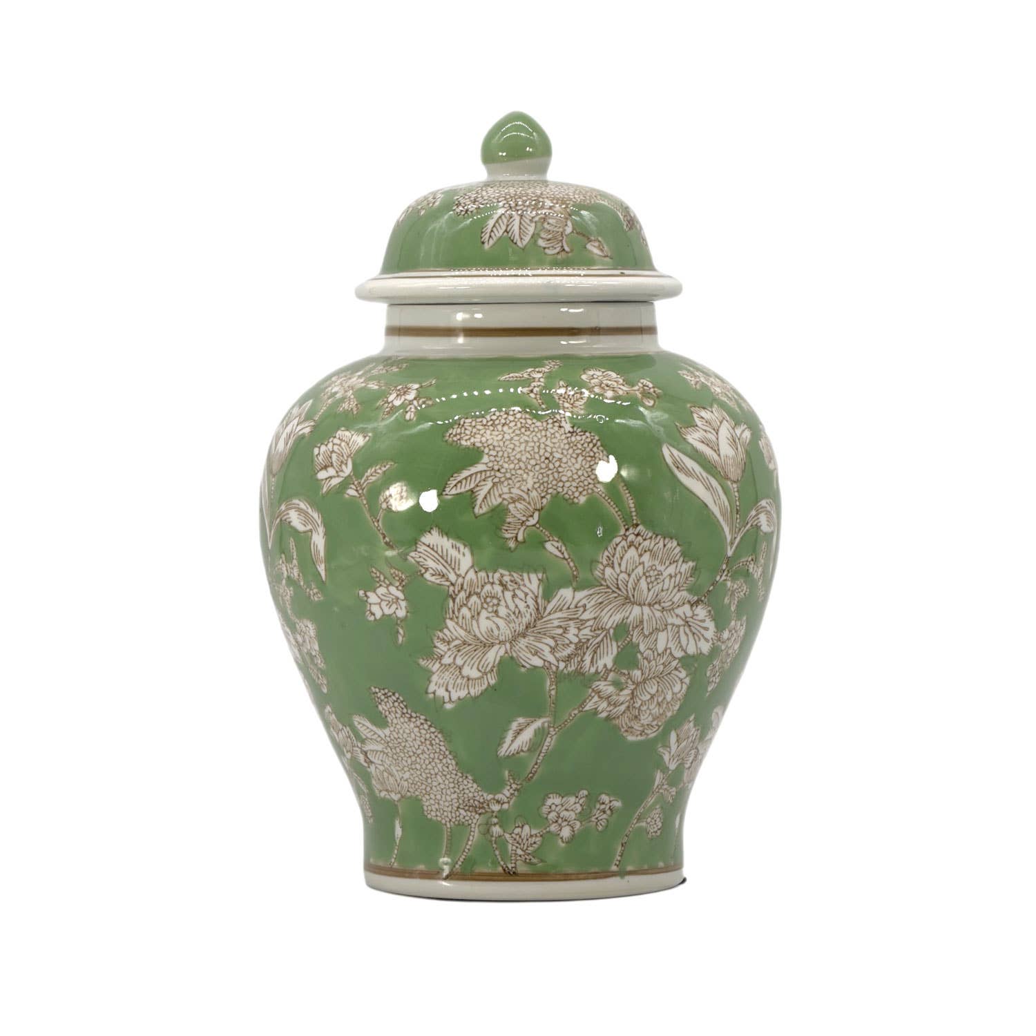 Green & White  Floral Peony Chinoiserie Jar 12"