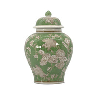 Green & White  Floral Peony Chinoiserie Jar 12"