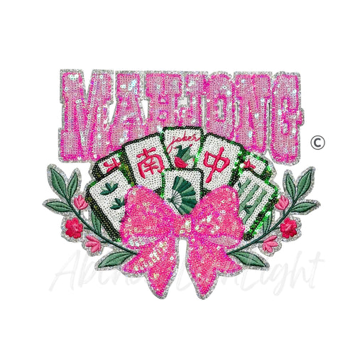 Pink Bow Mahjong Tiles Sequins Patch - Large