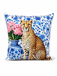 Blue Flower Cheetah Throw Pillow