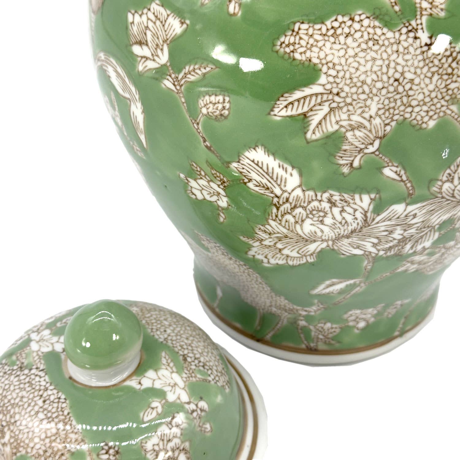 Green & White  Floral Peony Chinoiserie Jar 12"