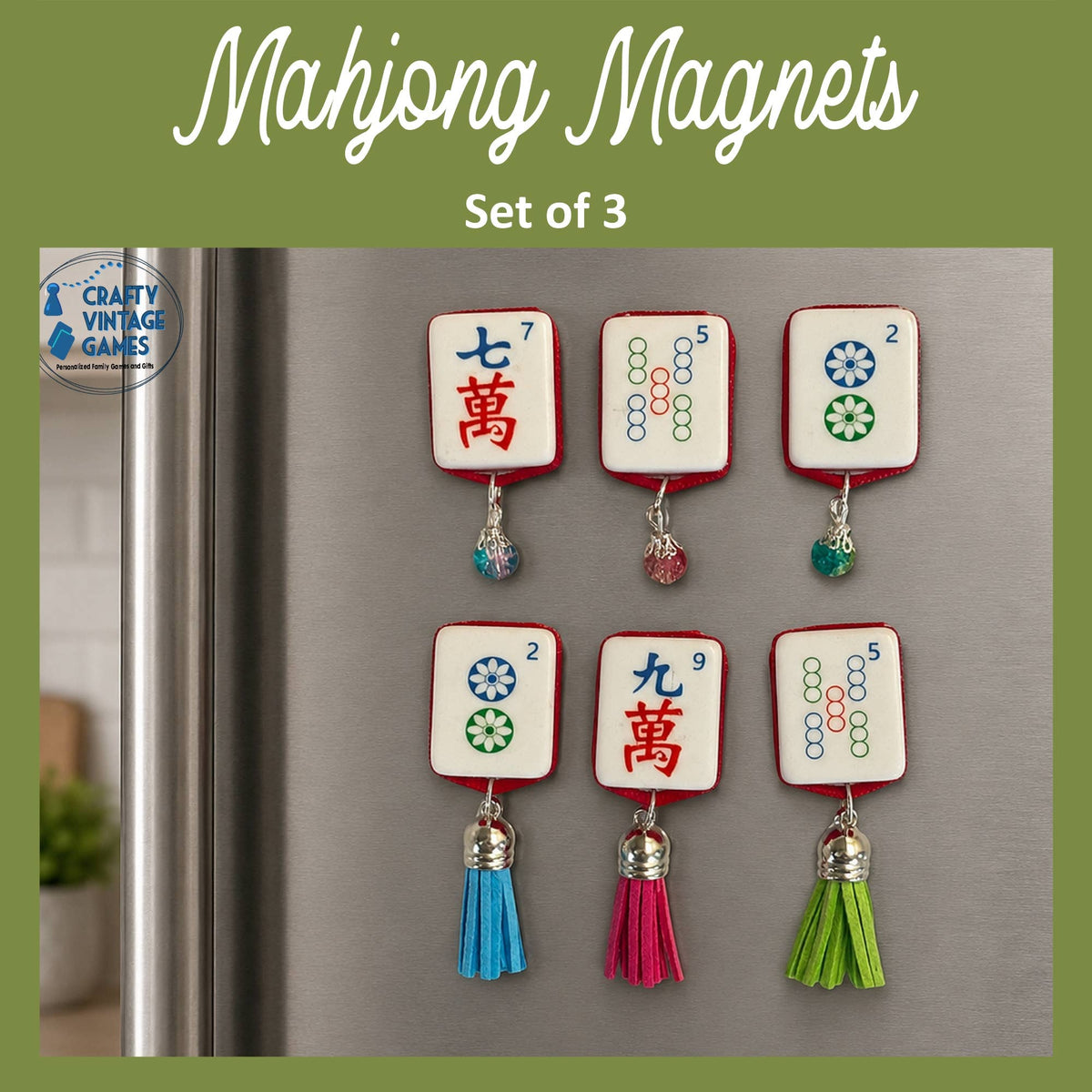 Upcycled Mahjong Tile Magnets Set of 3, Festive Tassel Bead