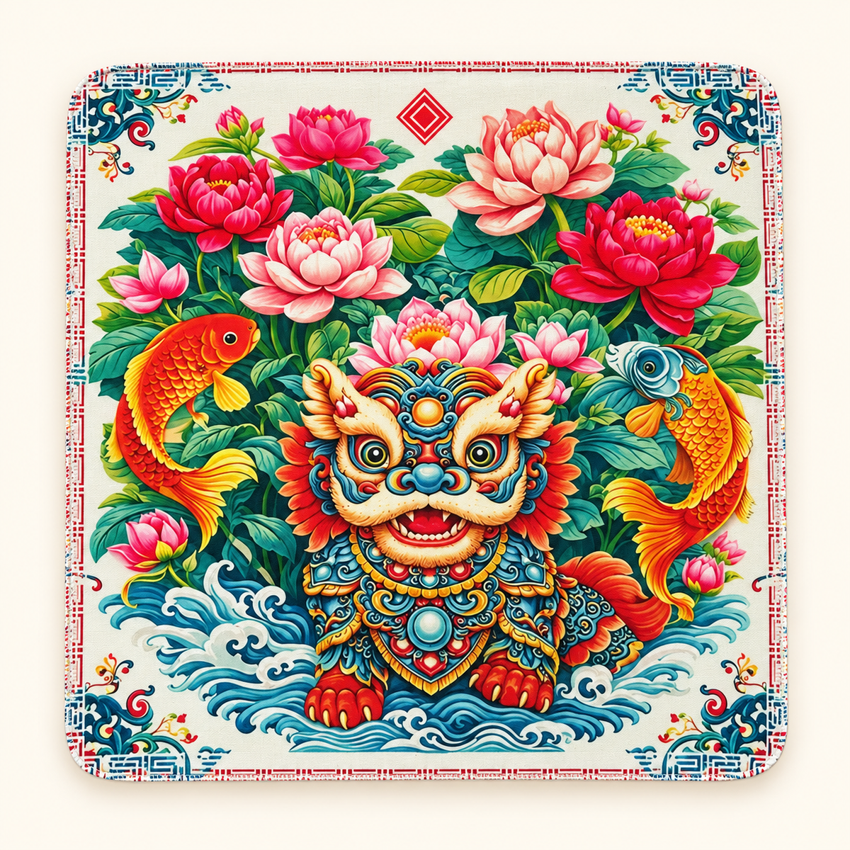 Mahjong Mat-Dancing  Lion w/ Koi Fish