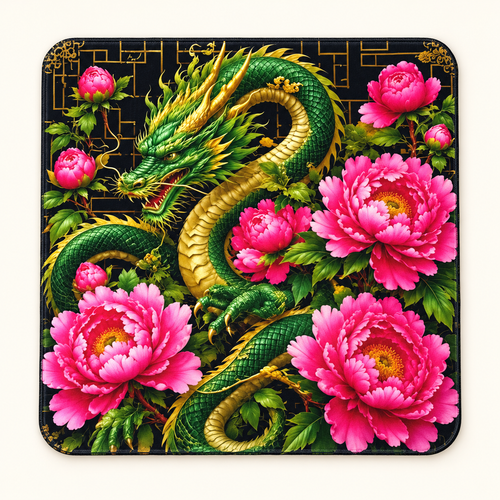 Mahjong Mat-Emerald Dragon W/ Pin Peonies