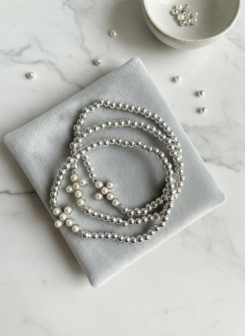 Silver and Pearl Cross Bracelet Set/3
