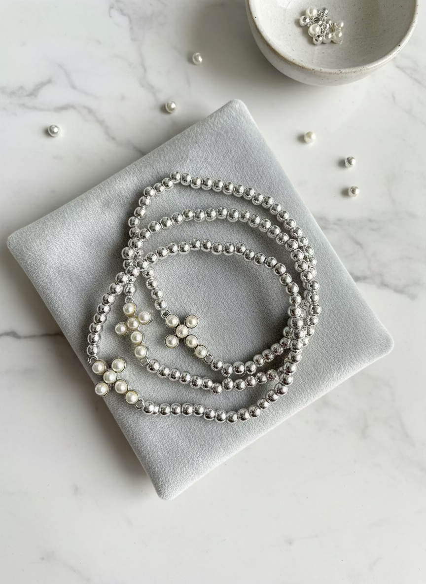 Silver and Pearl Cross Bracelet Set/3