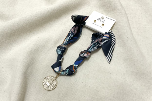 Navy Print Medallion Scarf Necklace Set