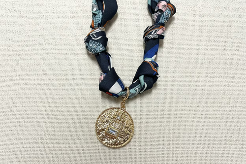 Navy Print Medallion Scarf Necklace Set