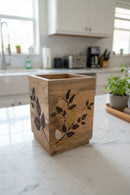 Mango Wood with Laser and Metal inlay leaf design Utensil Holder
