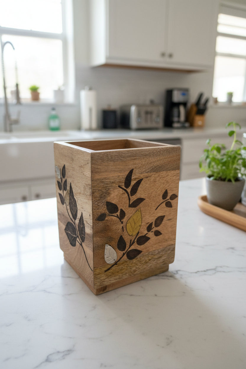 Mango Wood with Laser and Metal inlay leaf design Utensil Holder
