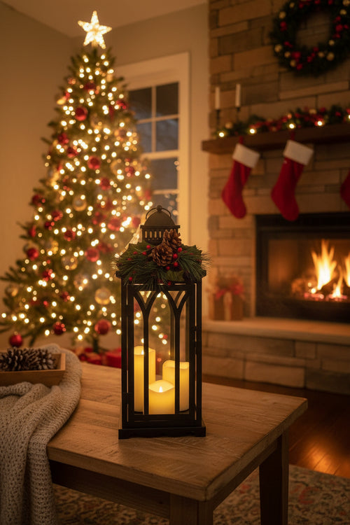 Lighted Holiday Metal Lantern 21.3"H