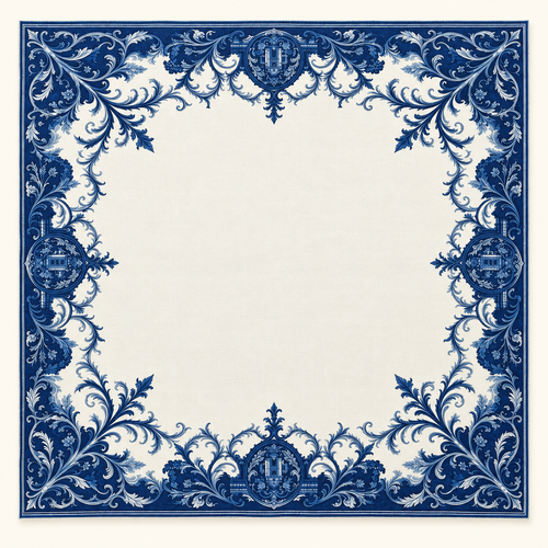 Mahjong Mat-Navy & Ivory Acanthus Medallion