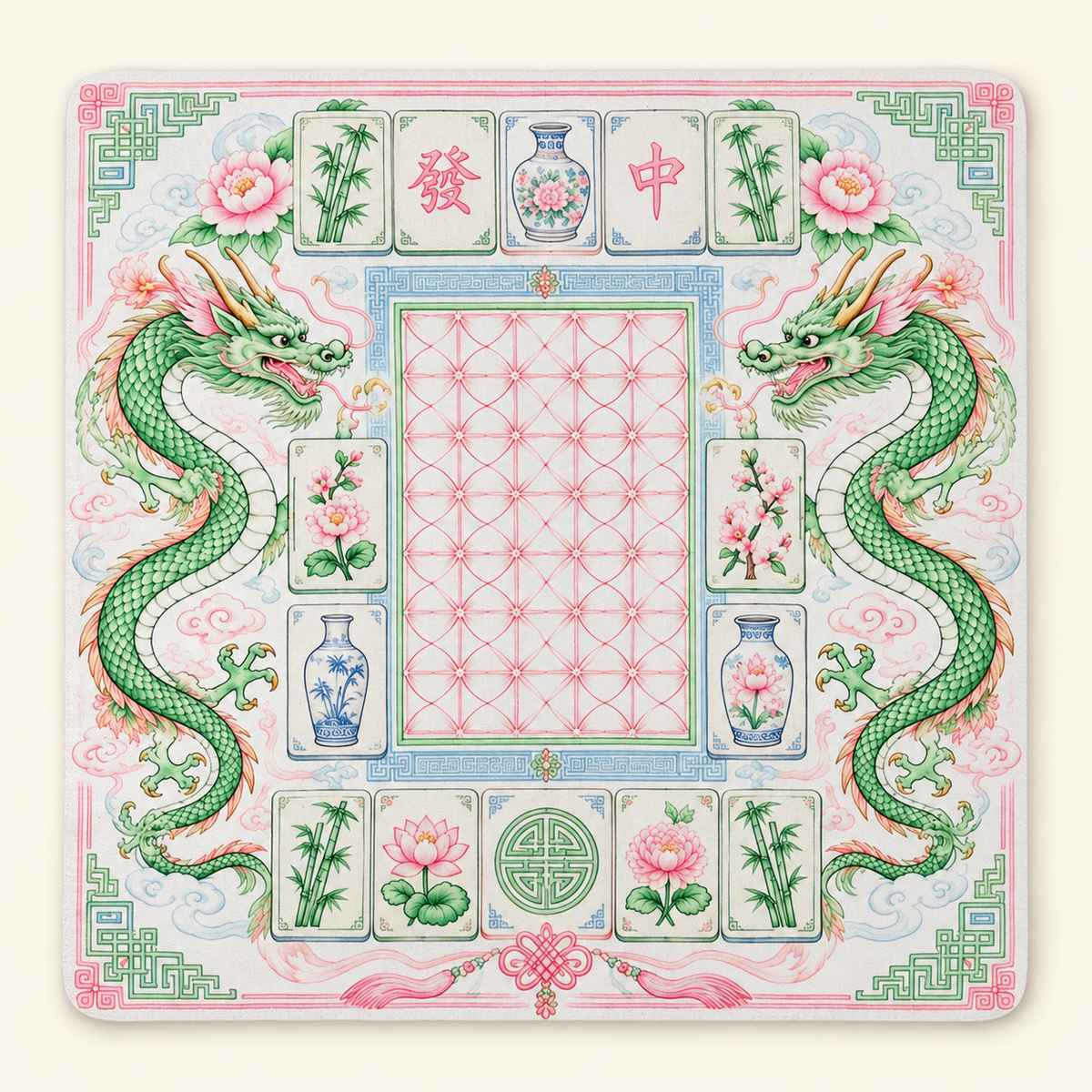 Mahjong Mat-Green Dragon w/ Pink Peonies
