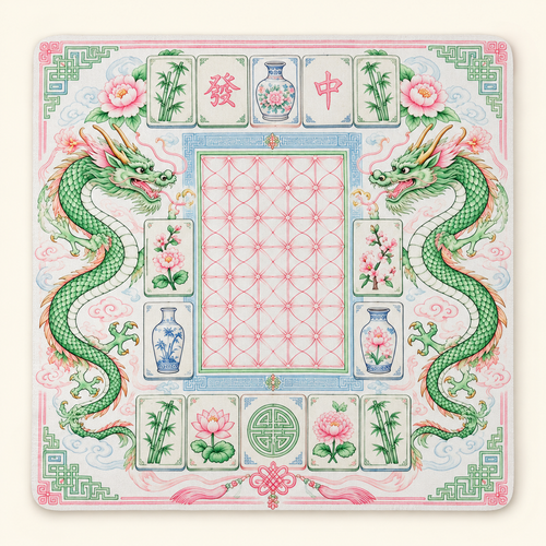 Mahjong Mat-Green Dragon w/ Pink Peonies