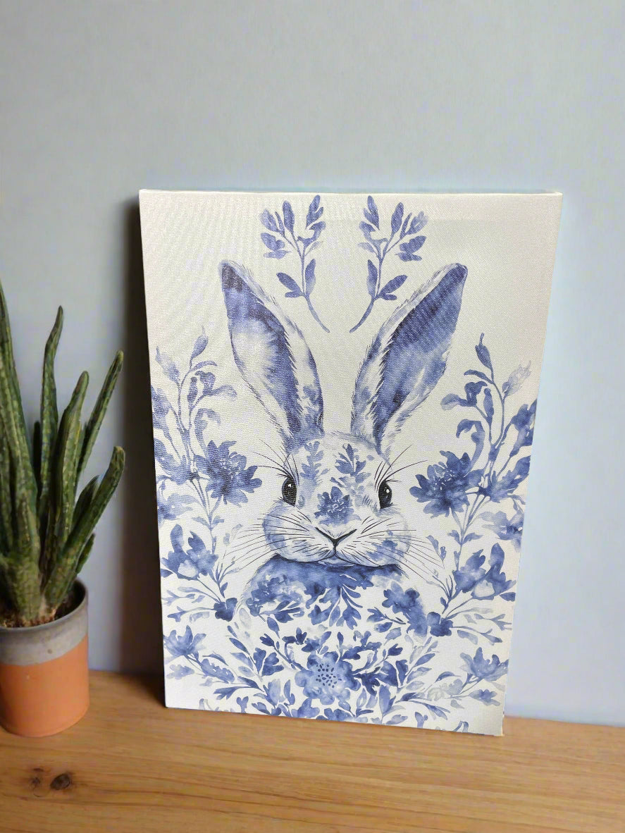 Blue and White Bunny on Canvas