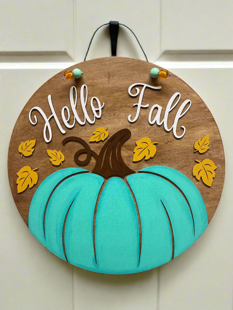 "Hello Fall" Teal Pumpkin Doorhanger