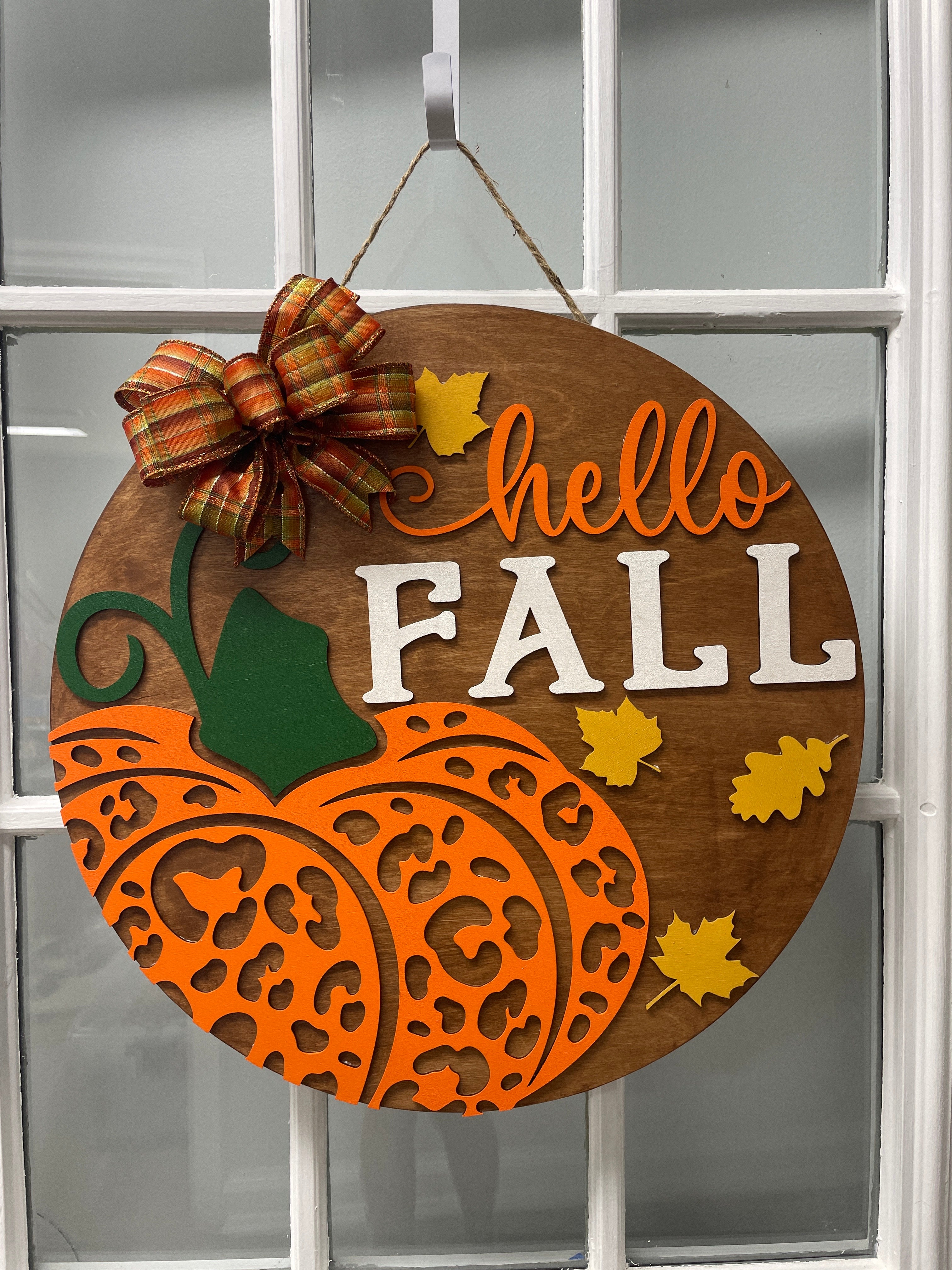 "Hello FALL" Leopard Pumpkin Doorhanger