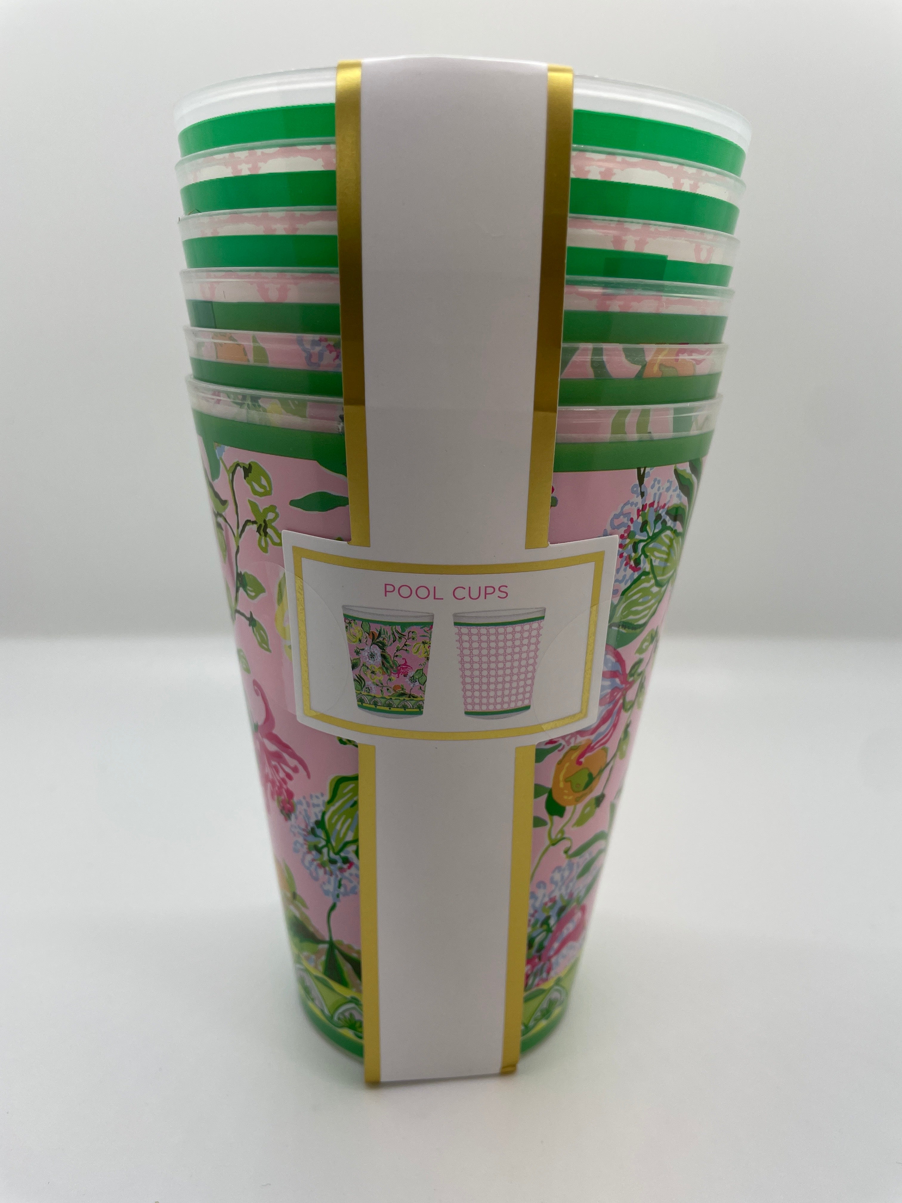 Lilly Pulitzer Pool Cups- Via Amore Spritzer, Conch Shell Pink Caning