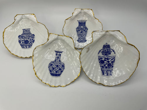 Decoupage Scallop Shells Jewelry/Trinket Dishes- Set of 4