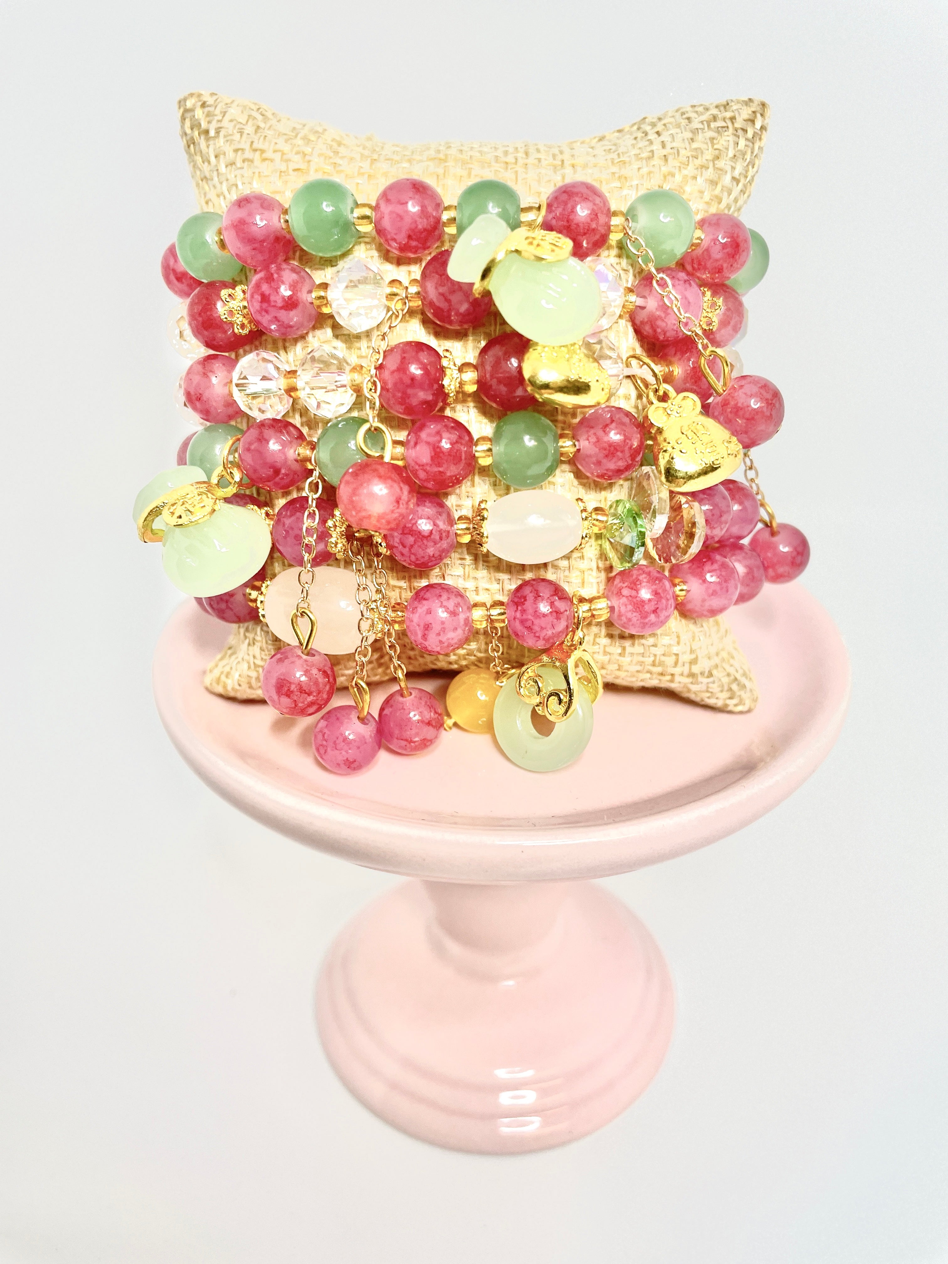 Strawberry Crystal and Jade Bracelets- set of 6